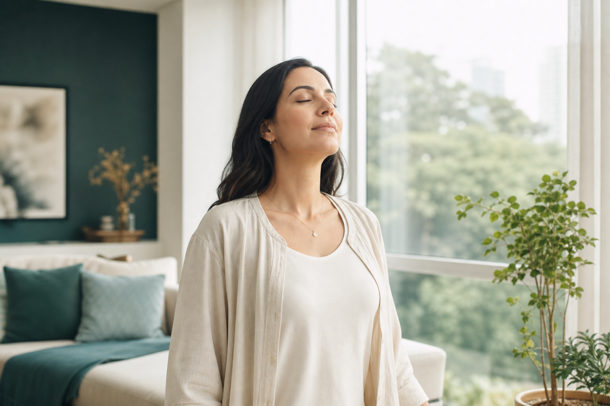 Mulher respirando confortavelmente em ambiente iluminado