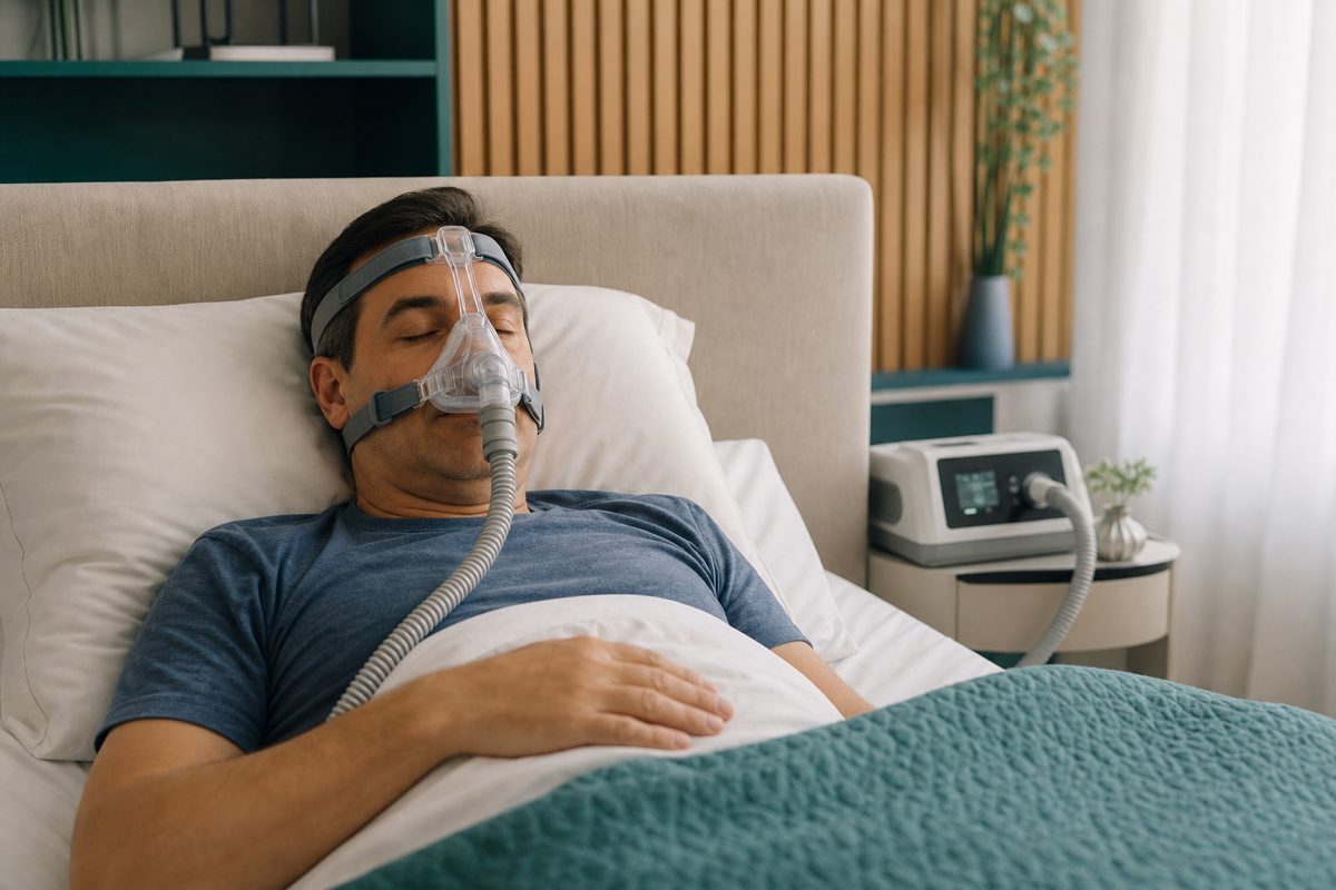 Paciente usando CPAP para apneia do sono