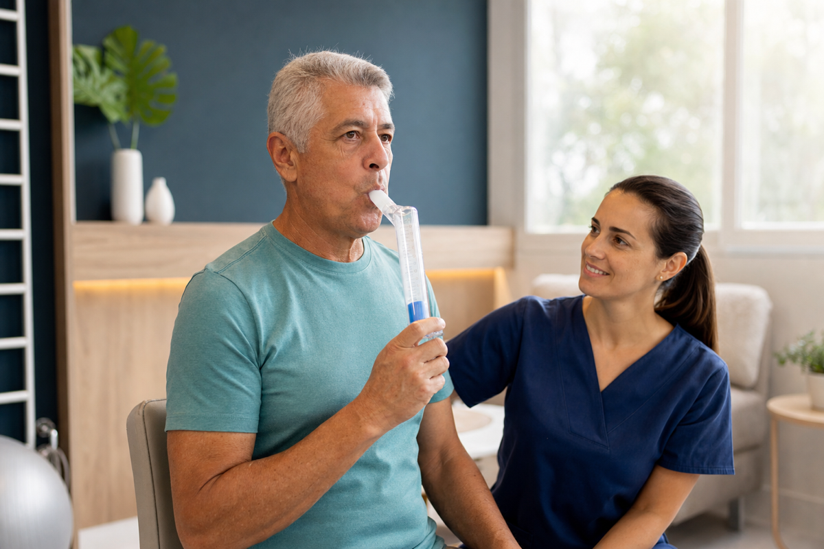 Paciente realizando reabilitação respiratória